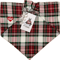 a red and white plaid dog bandana with a heart on it