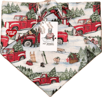 a christmas bandana with a red truck and trees
