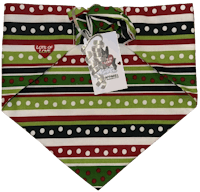 a dog bandana with green, red and white polka dots